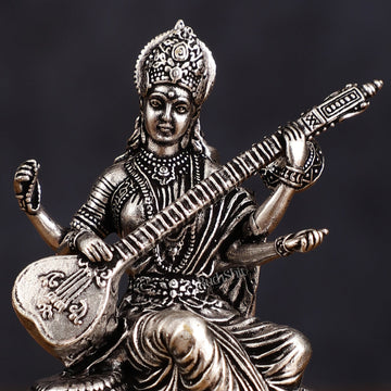 Brass Superfine Silver Plated Saraswati Miniature Idol - 3" Tall - Budhshiv.com