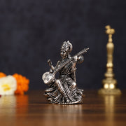 Brass Superfine Silver Plated Saraswati Miniature Idol - 3" Tall - Budhshiv.com