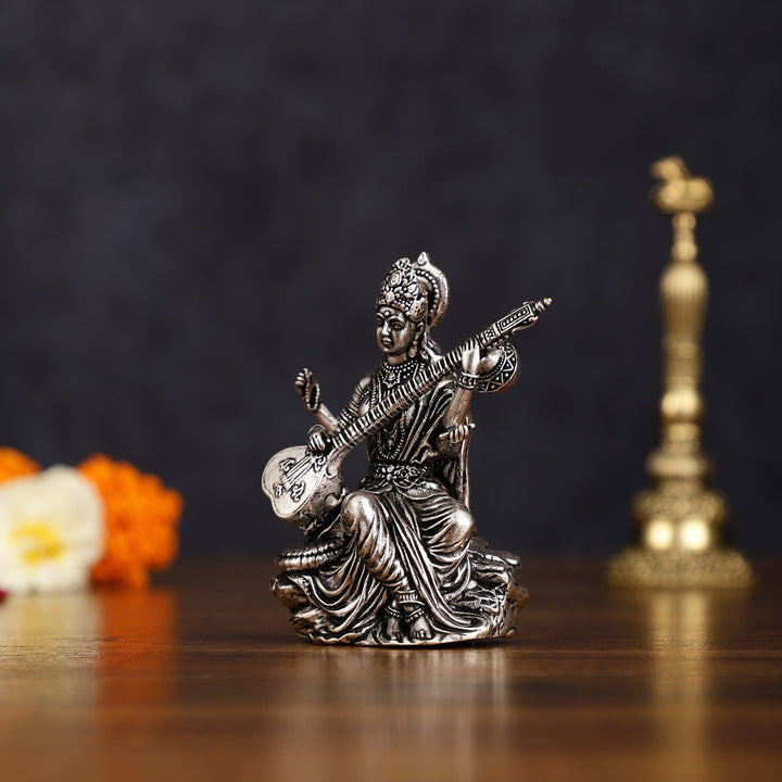 Brass Superfine Silver Plated Saraswati Miniature Idol - 3" Tall - Budhshiv.com