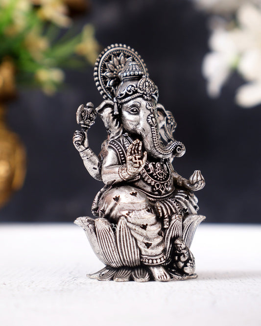 Brass Superfine Small Ganesha Idol - 2.5" Tall silver plated - Budhshiv.com