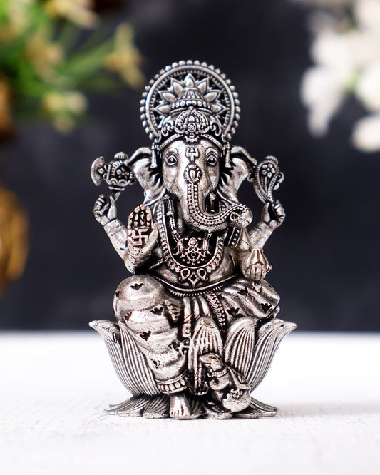 Brass Superfine Small Ganesha Idol - 2.5" Tall silver plated - Budhshiv.com