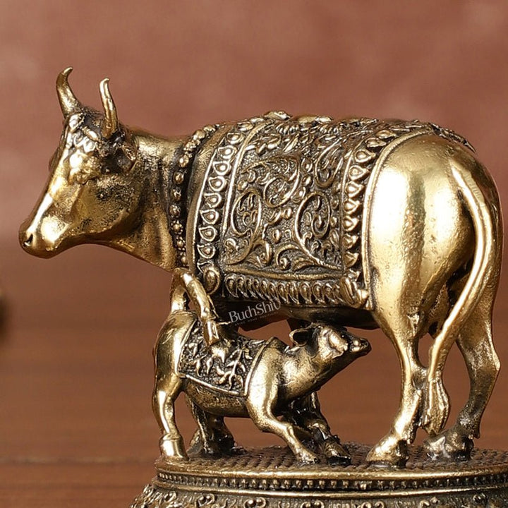 Brass superfine small Kamdhenu Cow with Calf Idol - 2" Tall - Budhshiv.com