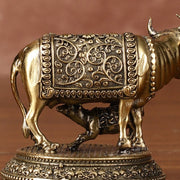 Brass superfine small Kamdhenu Cow with Calf Idol - 2" Tall - Budhshiv.com