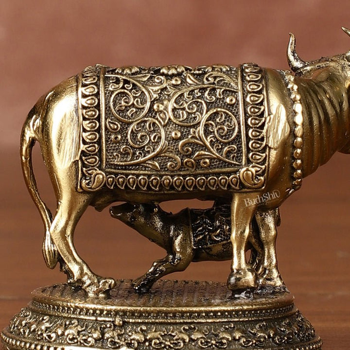 Brass superfine small Kamdhenu Cow with Calf Idol - 2" Tall - Budhshiv.com