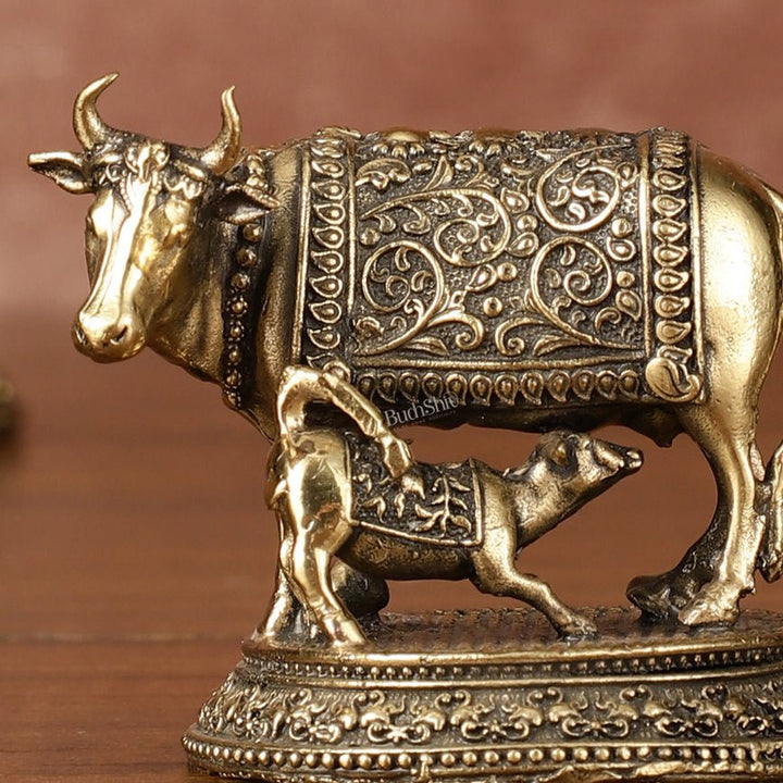 Brass superfine small Kamdhenu Cow with Calf Idol - 2" Tall - Budhshiv.com