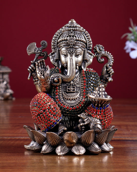 Brass Superfine Small Right trunk Ganesha Idol with jewellers meenakari - 5" Tall - Budhshiv.com