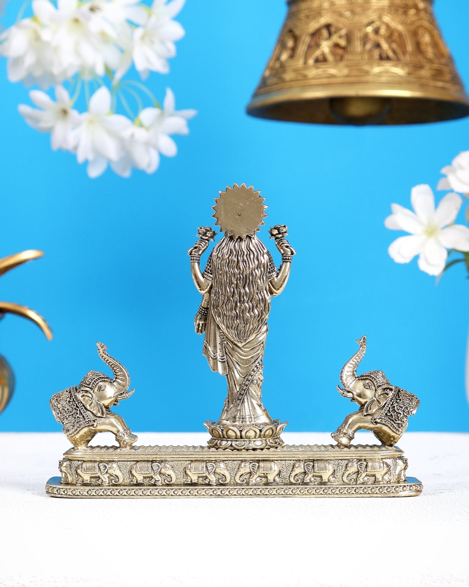 Brass Superfine Standing Gaja Lakshmi with Two Elephants Statue (6.7 Inches) - Budhshiv.com