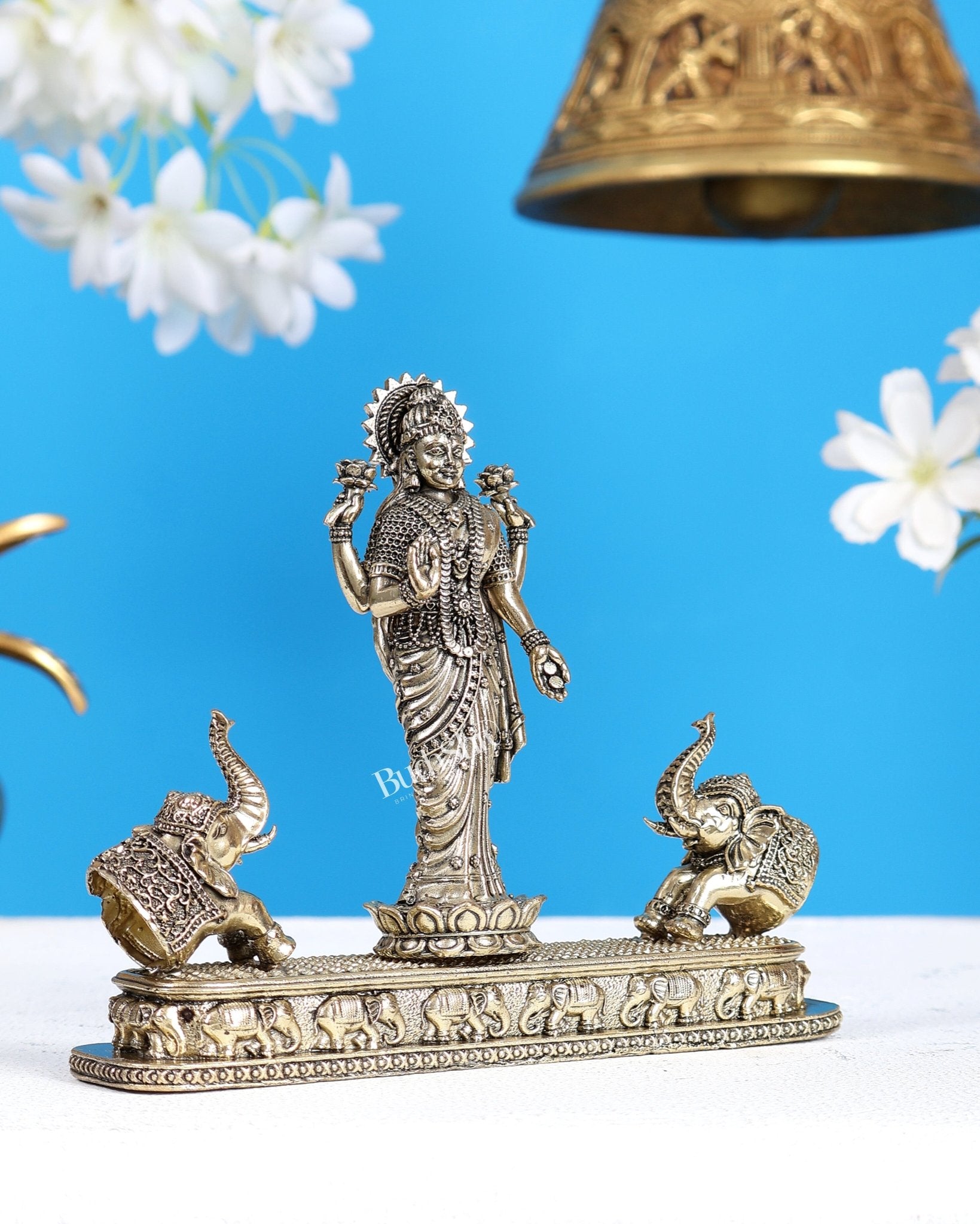 Brass Superfine Standing Gaja Lakshmi with Two Elephants Statue (6.7 Inches) - Budhshiv.com