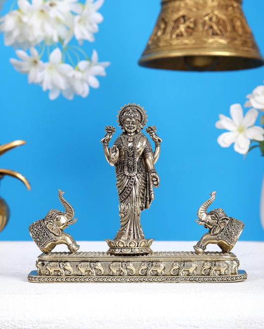 Brass Superfine Standing Gaja Lakshmi with Two Elephants Statue (6.7 Inches) - Budhshiv.com