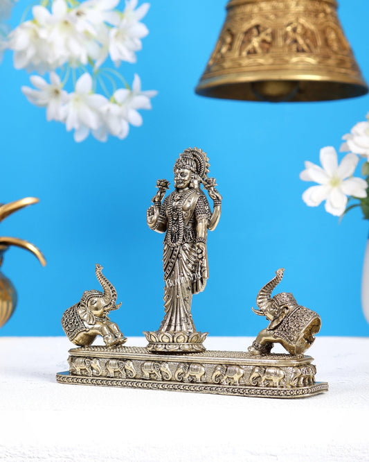 Brass Superfine Standing Gaja Lakshmi with Two Elephants Statue (6.7 Inches) - Budhshiv.com
