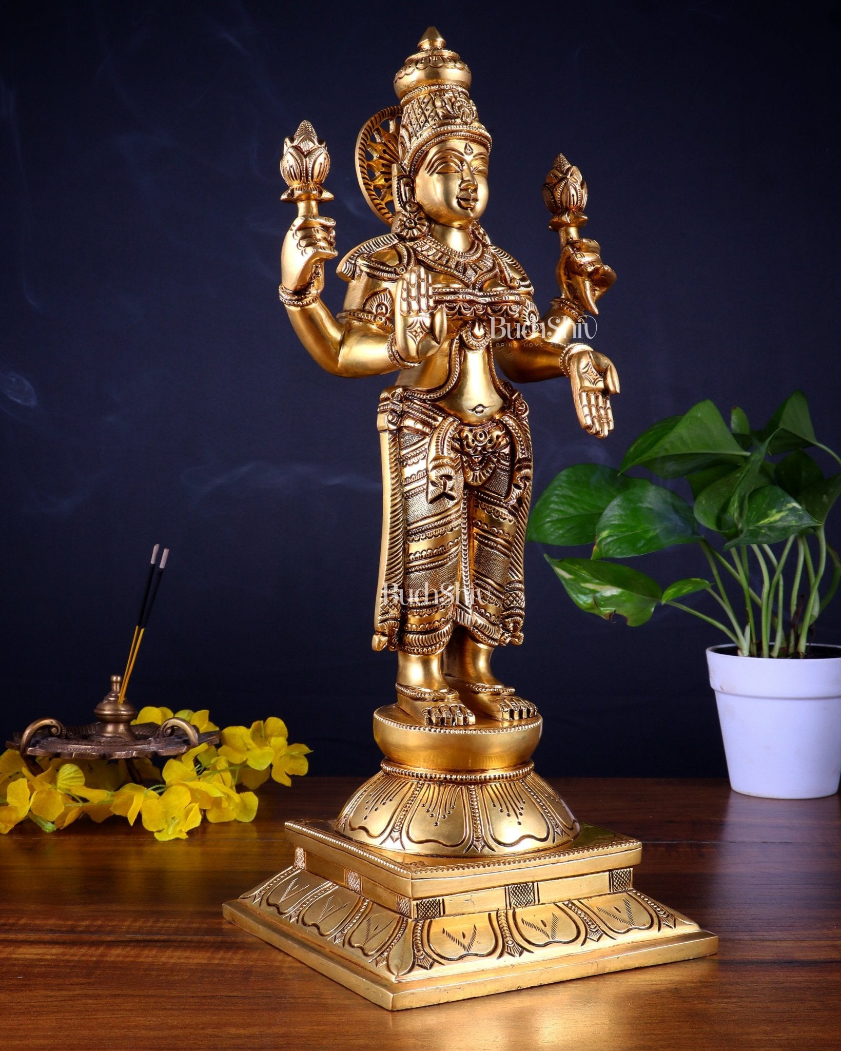 Brass Superfine Standing Goddess Lakshmi Statue – Highly Detailed 17 inch - Budhshiv.com