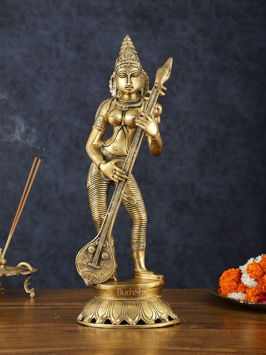 Brass Superfine Standing Goddess Saraswati Idol – 18" Height, Unique Design - Budhshiv.com