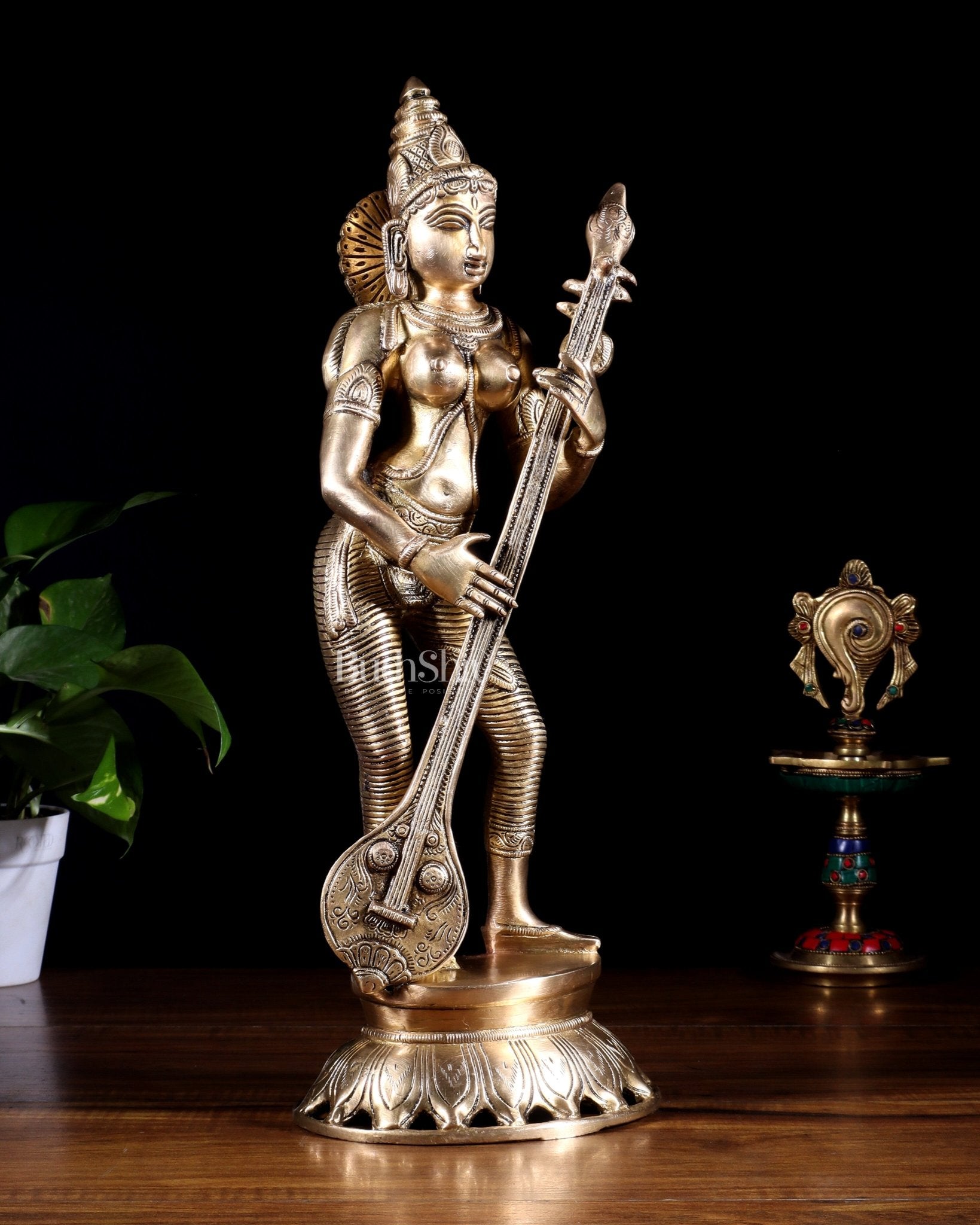 Brass Superfine Standing Goddess Saraswati Idol – 18" Height, Unique Design - Budhshiv.com