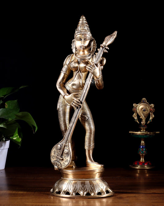 Brass Superfine Standing Goddess Saraswati Idol – 18" Height, Unique Design - Budhshiv.com