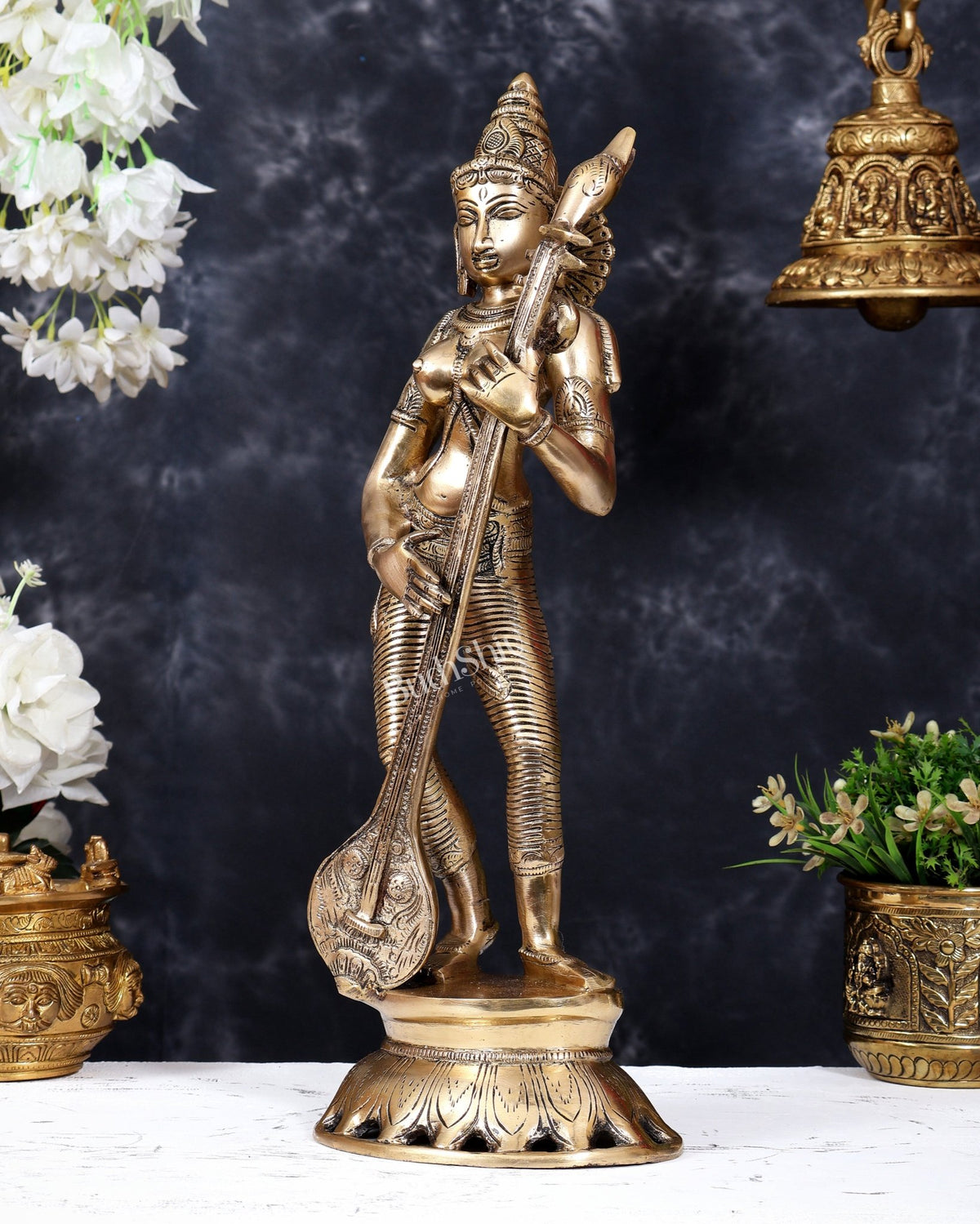 Brass Superfine Standing Goddess Saraswati Idol – 18" Height vintage depiction - Budhshiv.com