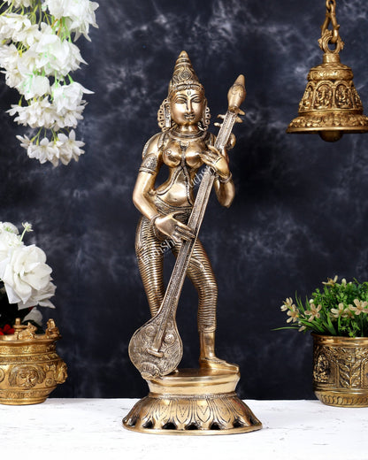 Brass Superfine Standing Goddess Saraswati Idol – 18" Height vintage depiction - Budhshiv.com