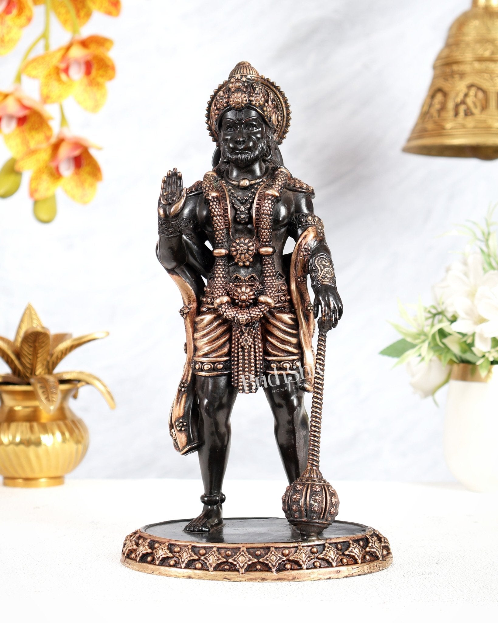 Brass Superfine Standing Hanuman Idol – Black Finish Divine Sculpture (10 Inches) - Budhshiv.com