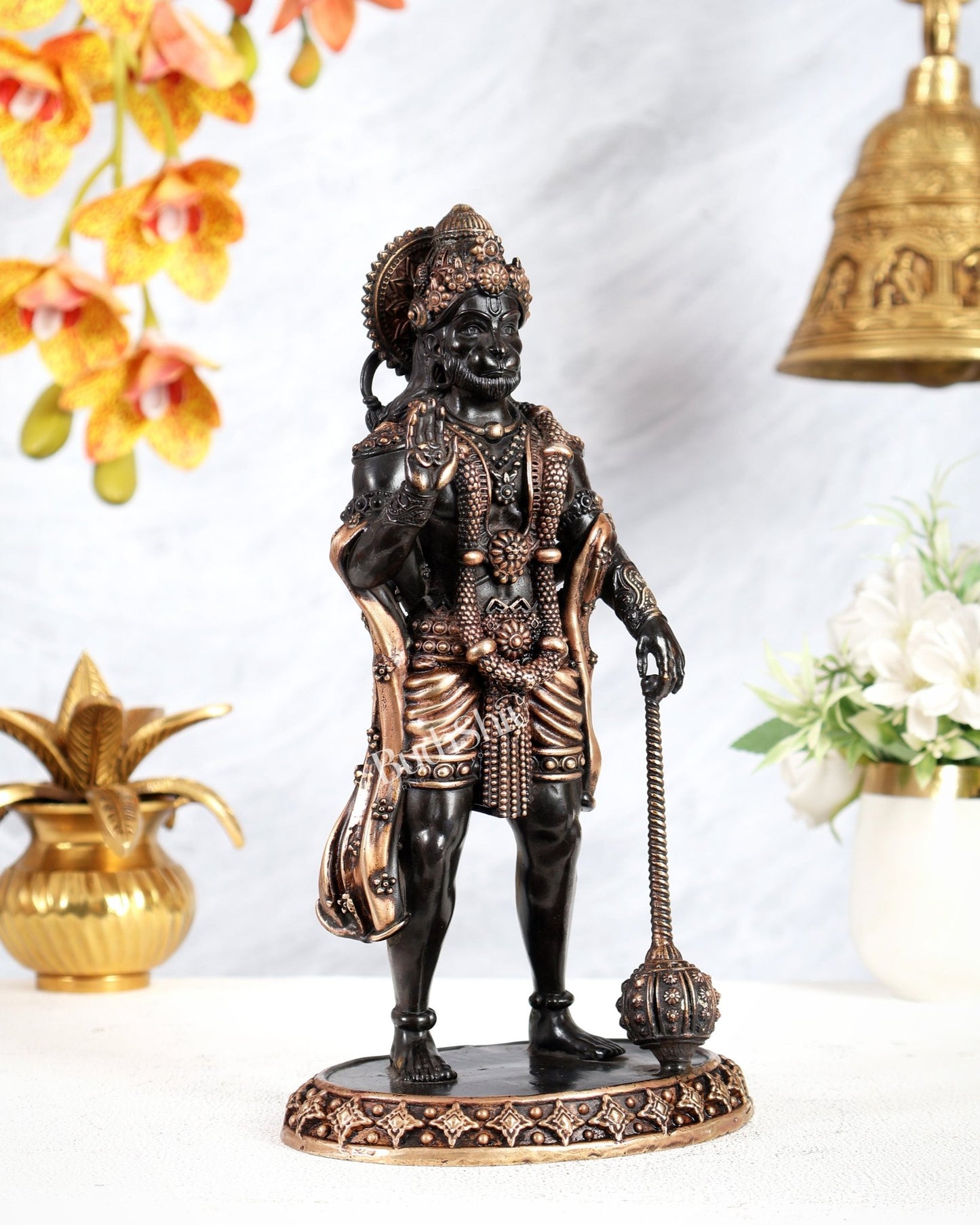 Brass Superfine Standing Hanuman Idol – Black Finish Divine Sculpture (10 Inches) - Budhshiv.com
