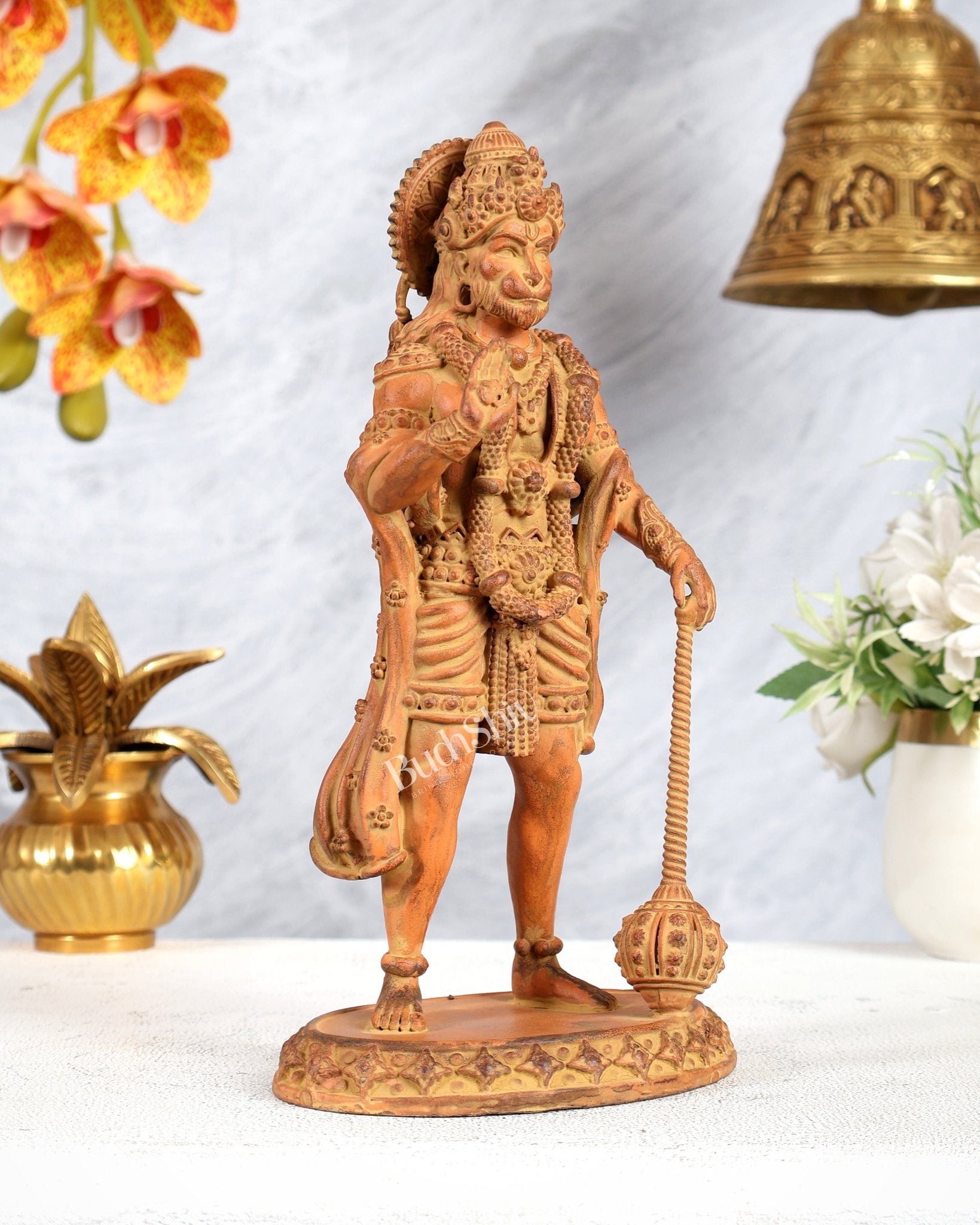 Brass Superfine Standing Hanuman Idol – Sand Finish Patina Divine Sculpture (10 Inches) - Budhshiv.com