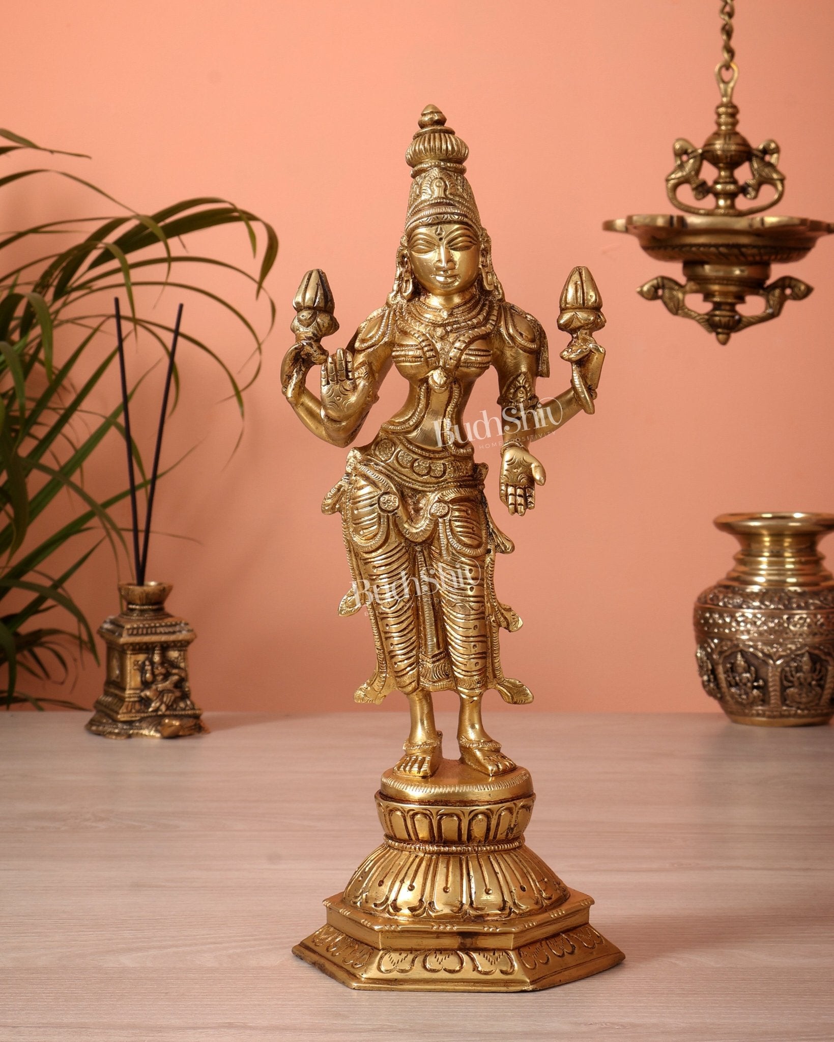 Brass Superfine Standing Lakshmi Devi Idol (12 Inch) - Budhshiv.com