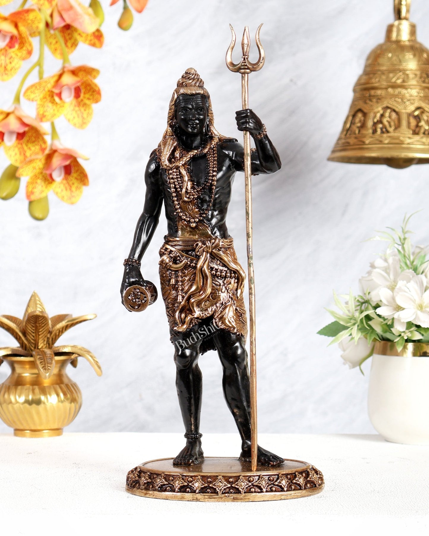 Brass Superfine Standing Lord Shiva Idol chola finish 11" black tone - Budhshiv.com