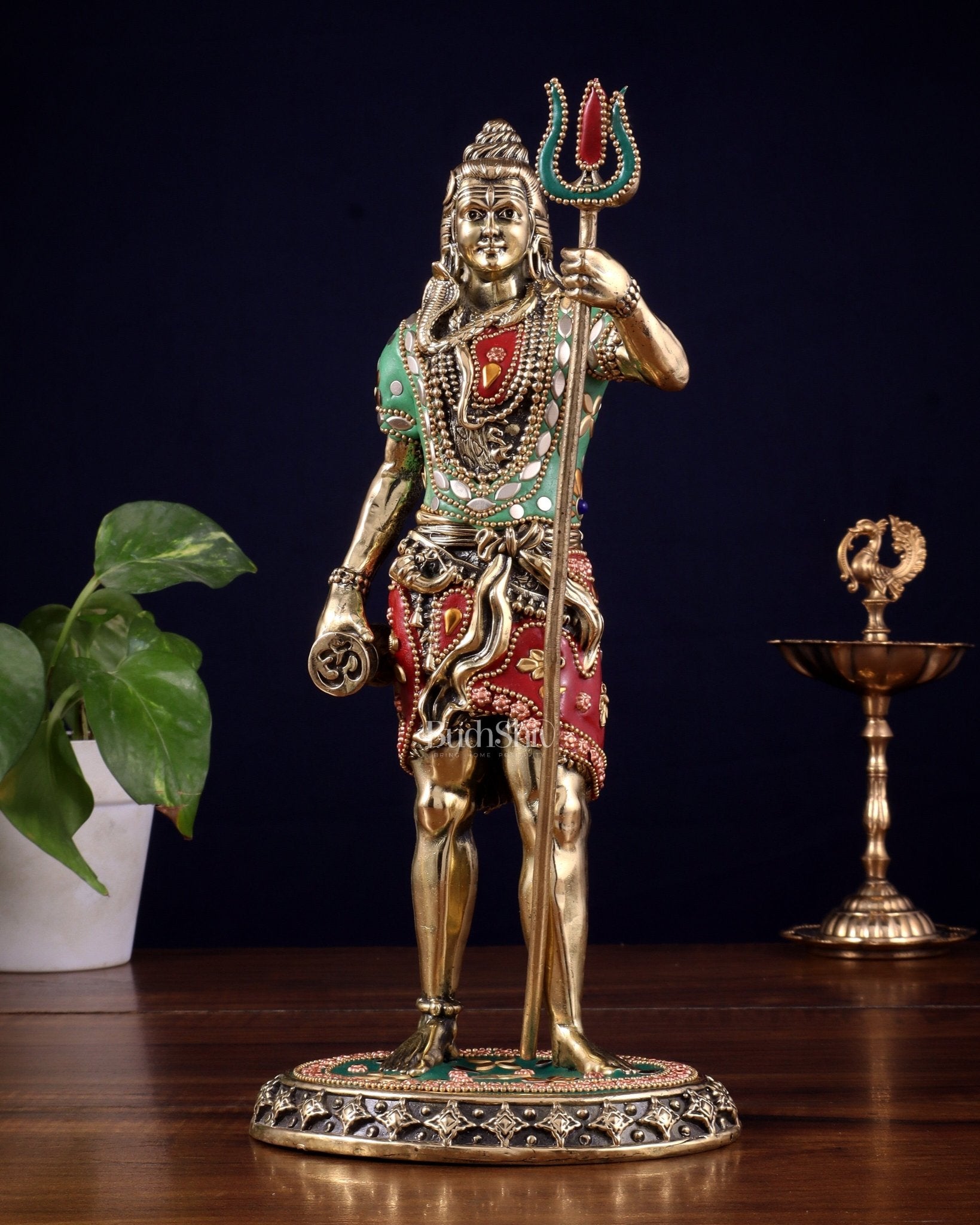 Brass Superfine Standing Lord Shiva Idol stonework 11" - Budhshiv.com