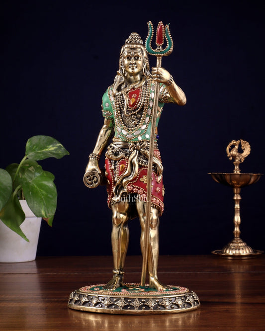 Brass Superfine Standing Lord Shiva Idol stonework 11" - Budhshiv.com