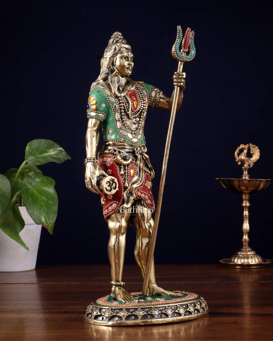 Brass Superfine Standing Lord Shiva Idol stonework 11" - Budhshiv.com