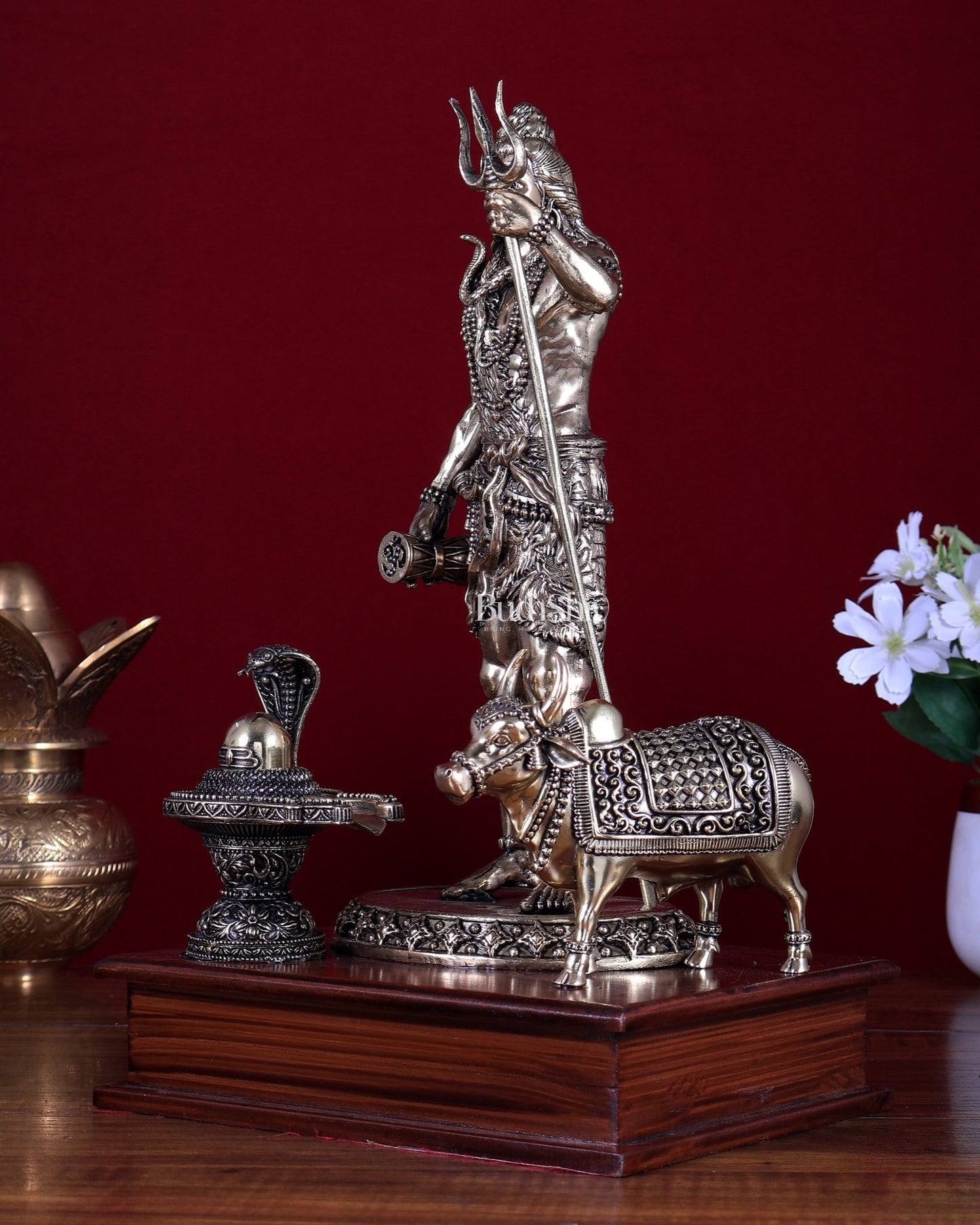 Brass Superfine Standing Lord Shiva with Nandi & Shiv Ling on Wooden Base - Budhshiv.com