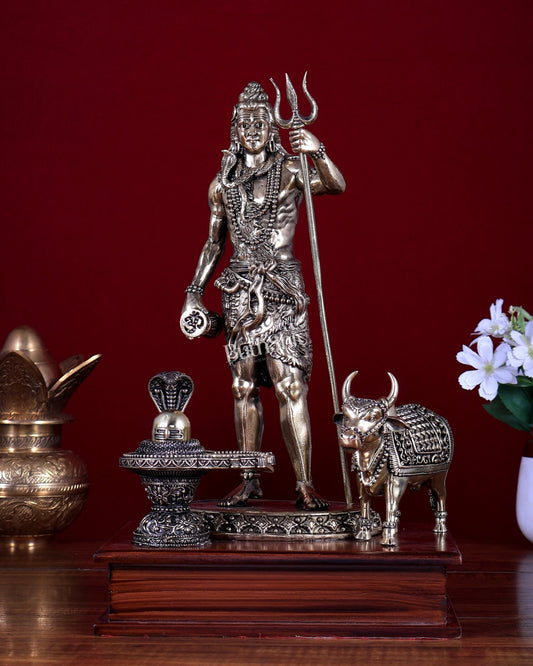 Brass Superfine Standing Lord Shiva with Nandi & Shiv Ling on Wooden Base - Budhshiv.com