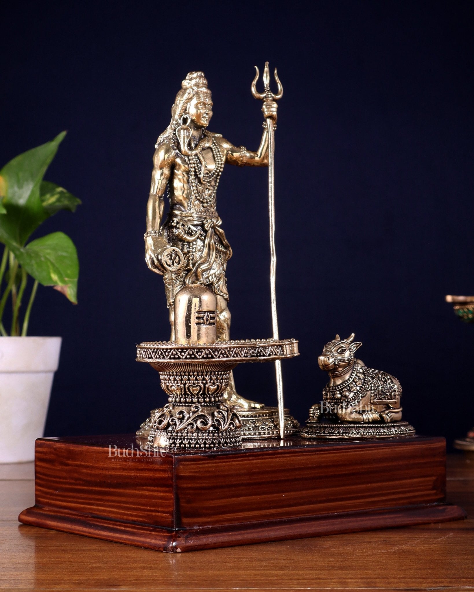Brass Superfine Standing Lord Shiva with Nandi & Shivling – Wooden Base (9.5 Inch) - Budhshiv.com