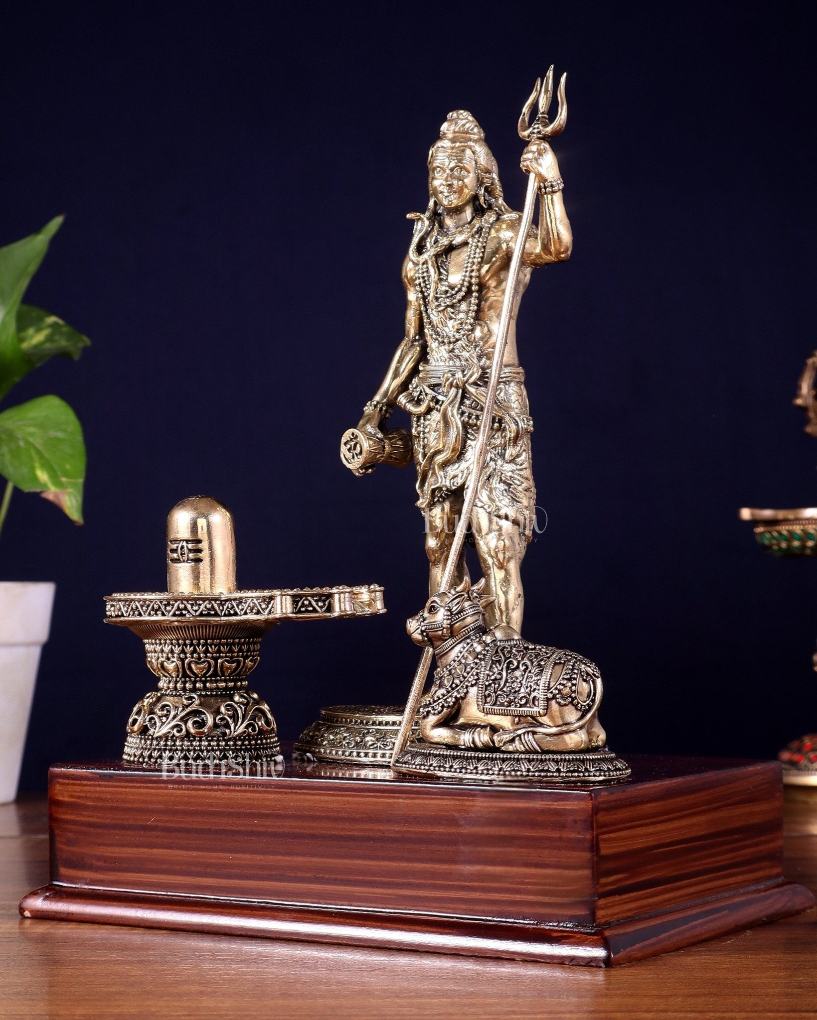 Brass Superfine Standing Lord Shiva with Nandi & Shivling – Wooden Base (9.5 Inch) - Budhshiv.com