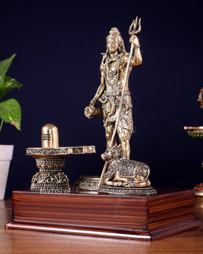 Brass Superfine Standing Lord Shiva with Nandi & Shivling – Wooden Base (9.5 Inch) - Budhshiv.com