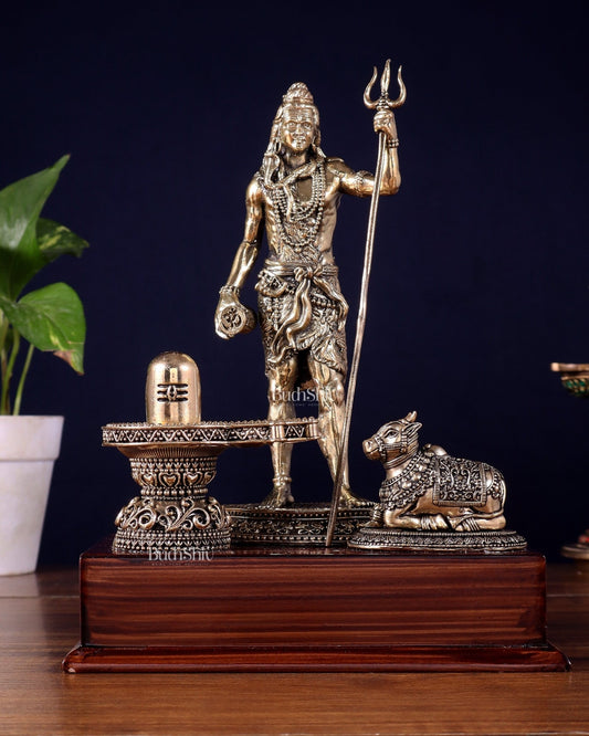 Brass Superfine Standing Lord Shiva with Nandi & Shivling – Wooden Base (9.5 Inch) - Budhshiv.com