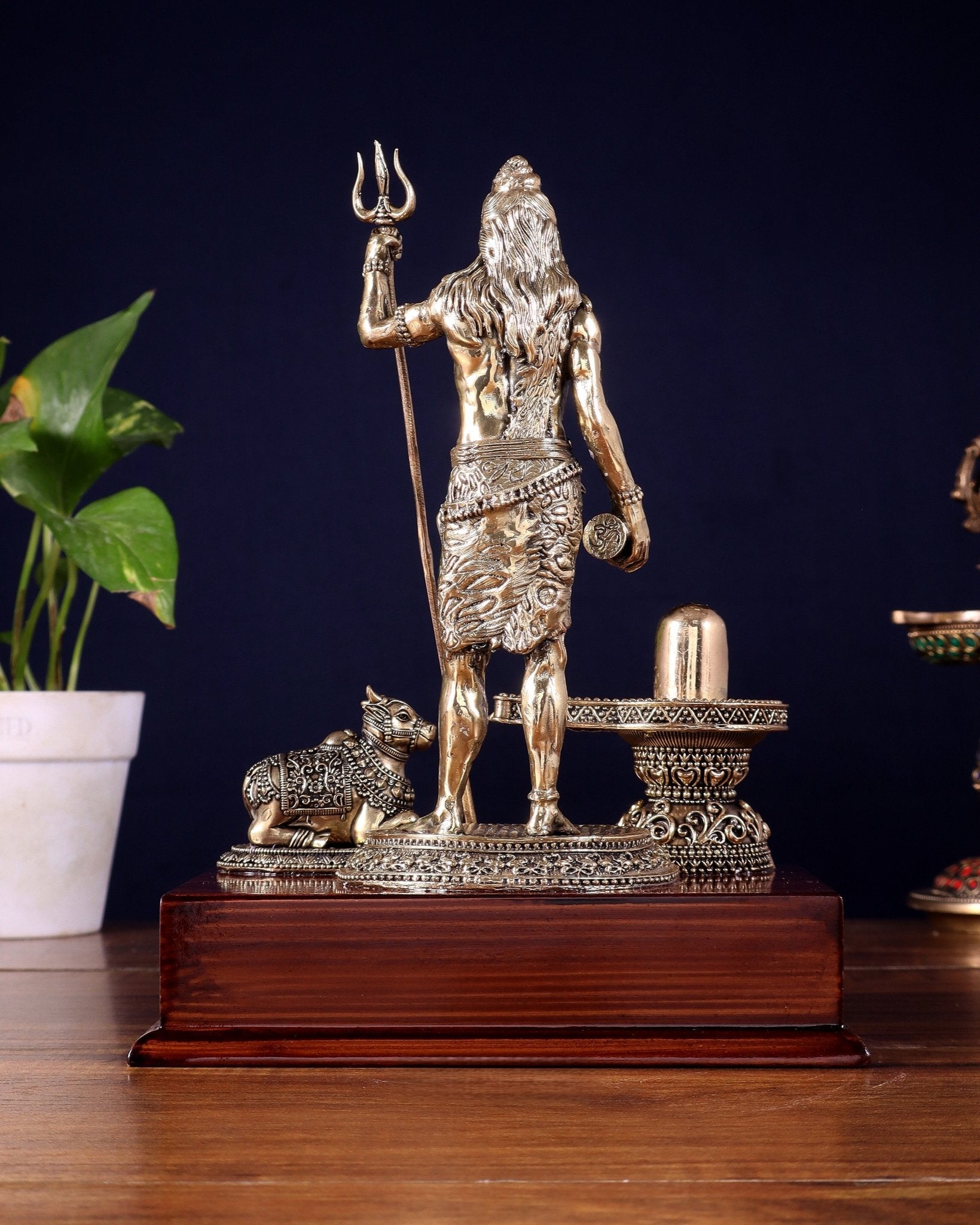 Brass Superfine Standing Lord Shiva with Nandi & Shivling – Wooden Base (9.5 Inch) - Budhshiv.com