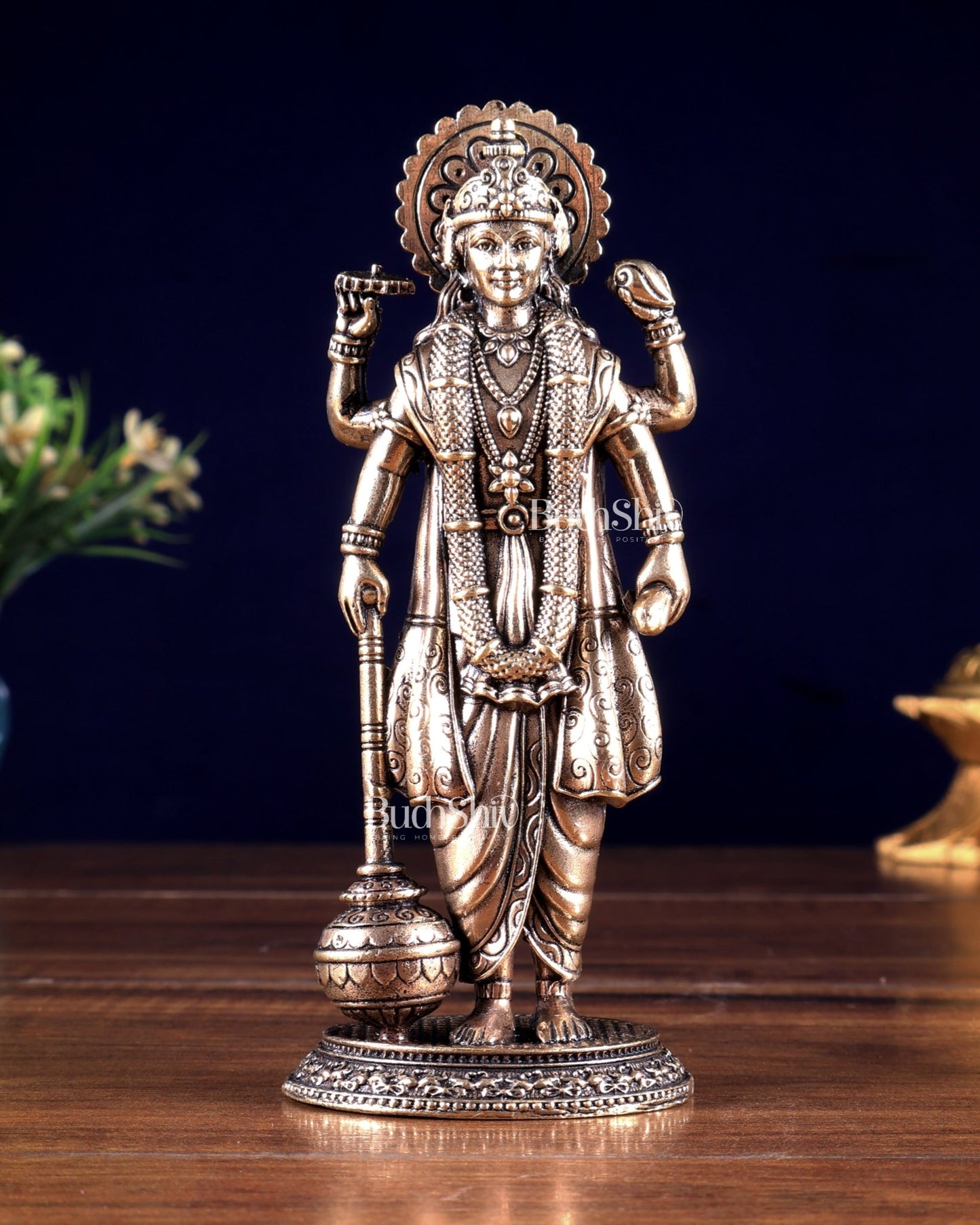 Brass Superfine Standing Lord Vishnu Statue with Intricate Carvings 6 inch - Budhshiv.com