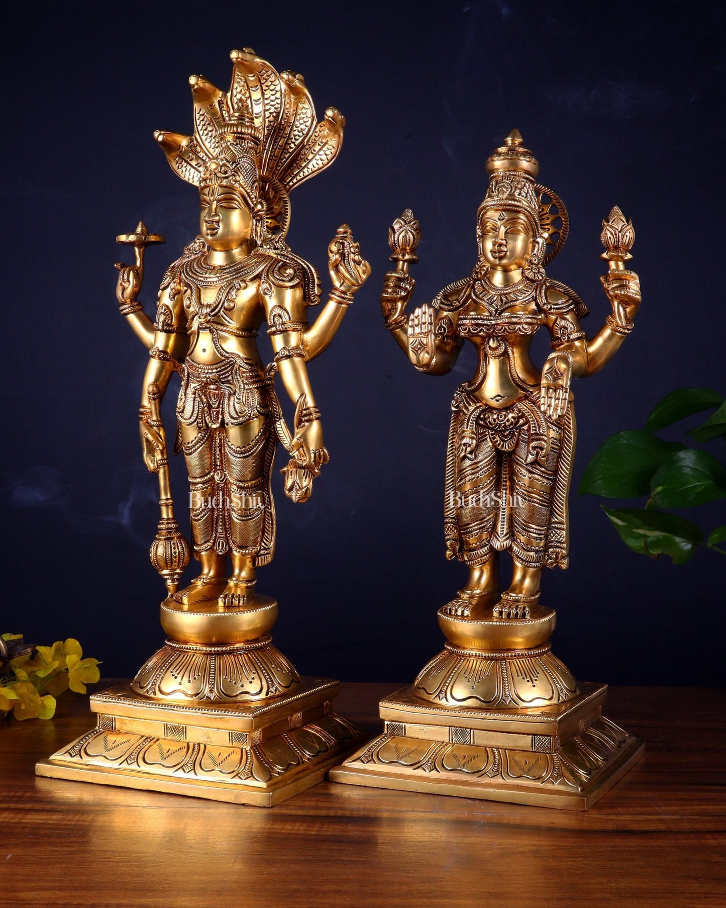 Brass Superfine Standing Lord Vishnu with Sheshanaag & Goddess Lakshmi Statue (Pair) 18 inch - Budhshiv.com