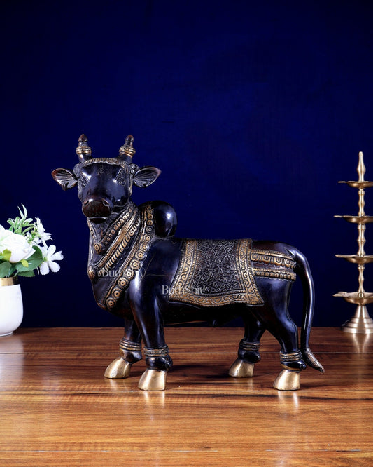 Brass Superfine Standing Nandi Idol | 10.5" black - Budhshiv.com