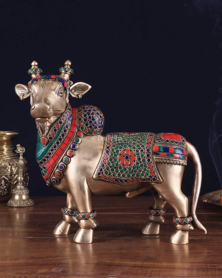 Brass Superfine Standing Nandi Idol | 10.5" stonework - Budhshiv.com