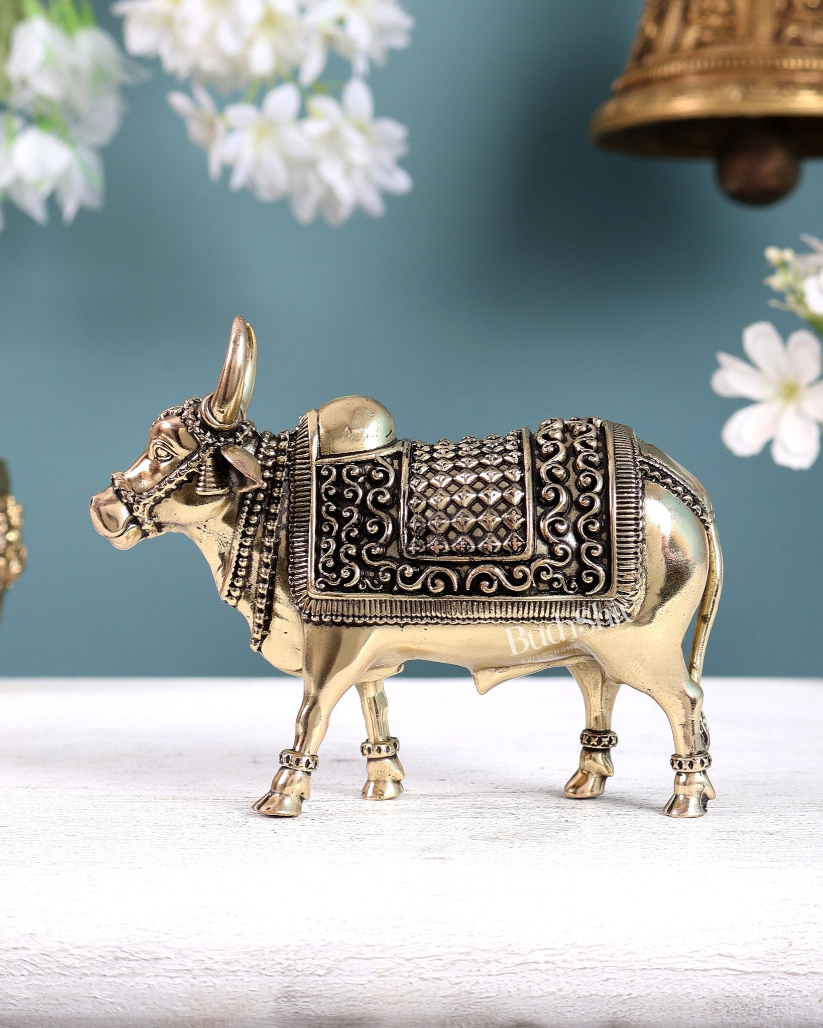 Brass Superfine Standing Nandi Idol – Sacred Bull of Lord Shiva (5 Inches Width) - Budhshiv.com