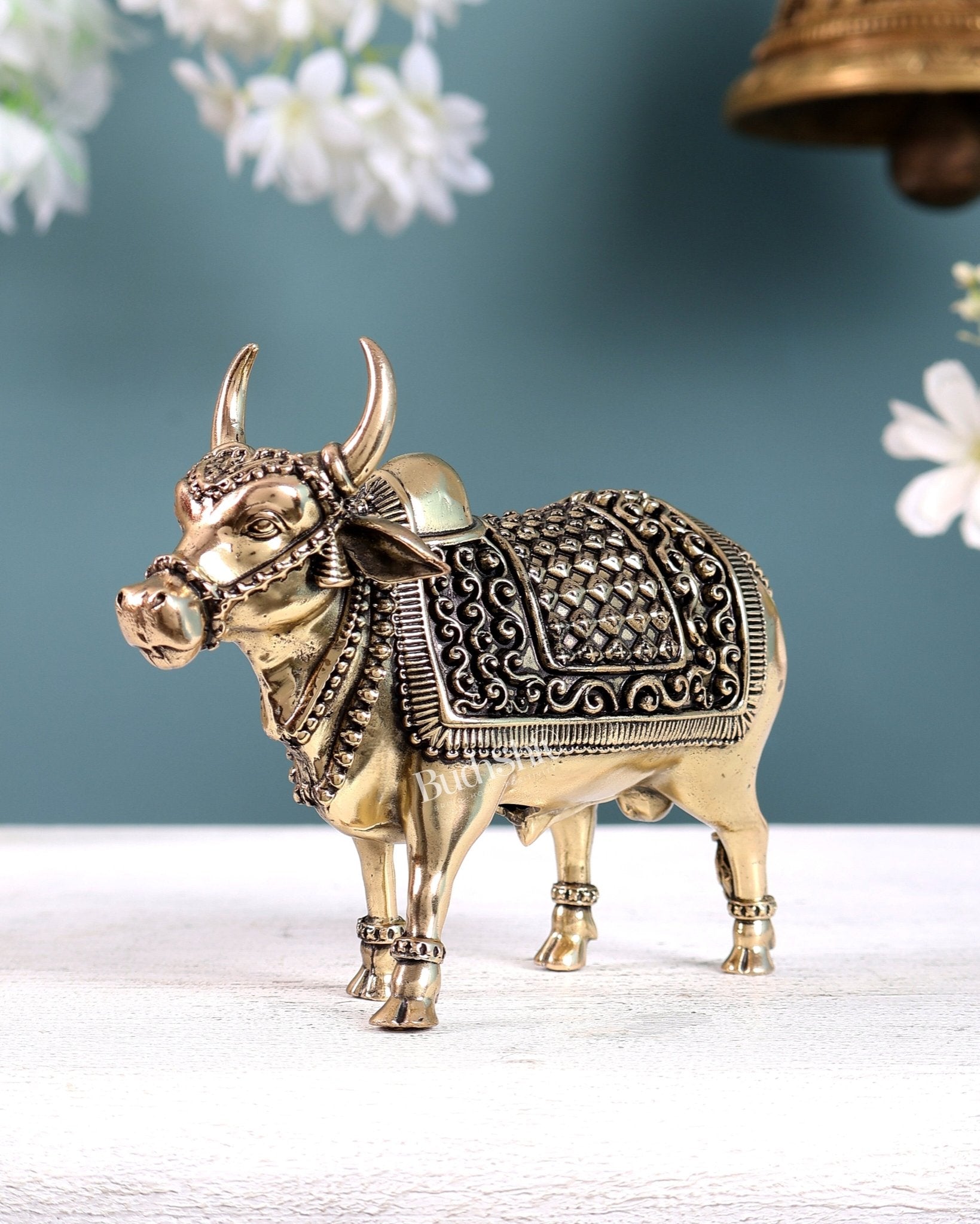 Brass Superfine Standing Nandi Idol – Sacred Bull of Lord Shiva (5 Inches Width) - Budhshiv.com