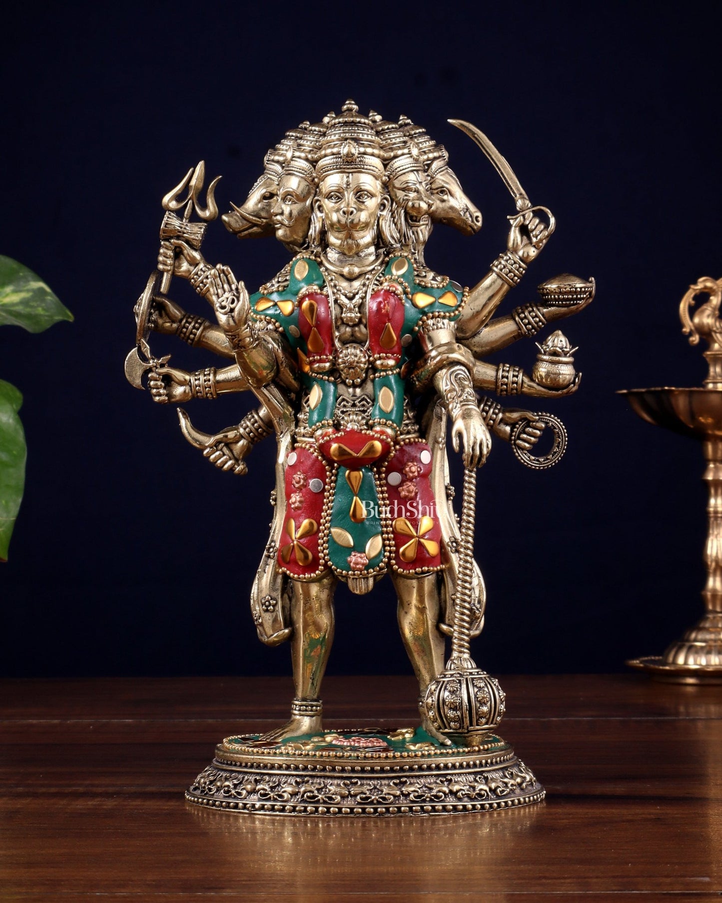 Brass Superfine Standing Panchmukhi Hanuman Idol 8" meenakari Stonework - Budhshiv.com