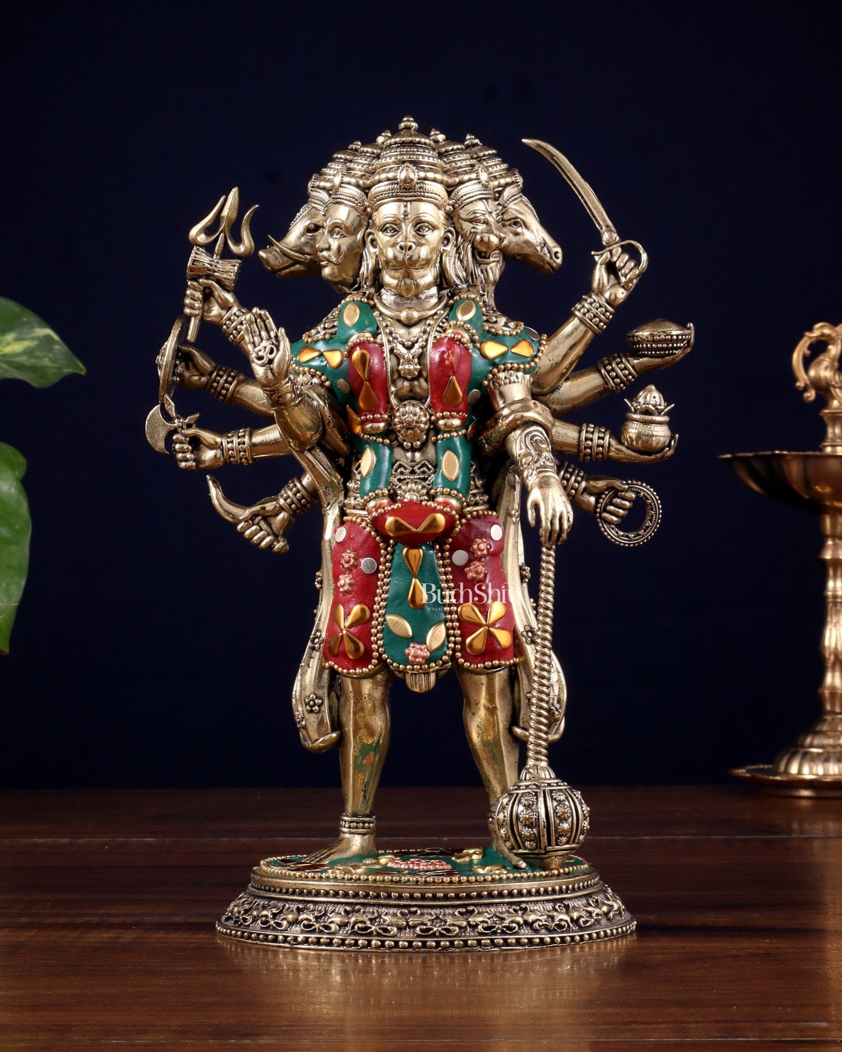 Brass Superfine Standing Panchmukhi Hanuman Idol 8" meenakari Stonework - Budhshiv.com