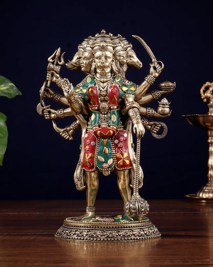Brass Superfine Standing Panchmukhi Hanuman Idol 8" meenakari Stonework - Budhshiv.com