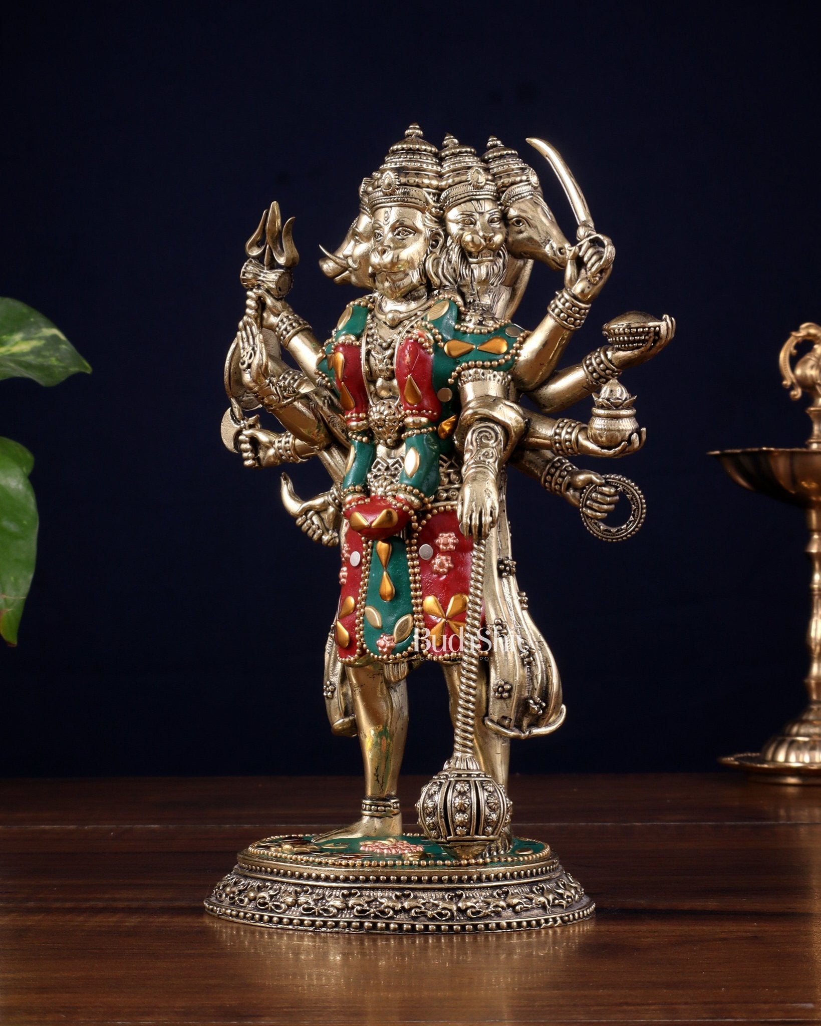 Brass Superfine Standing Panchmukhi Hanuman Idol 8" meenakari Stonework - Budhshiv.com