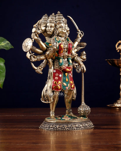 Brass Superfine Standing Panchmukhi Hanuman Idol 8" meenakari Stonework - Budhshiv.com