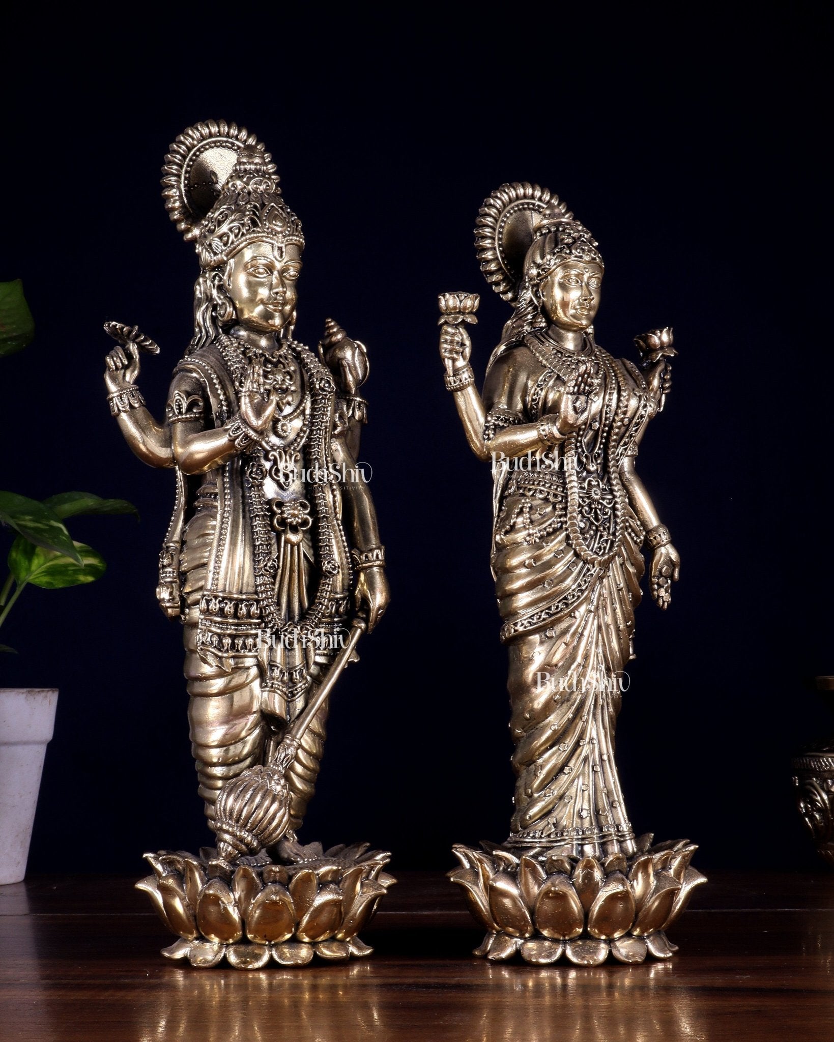 Brass Superfine Standing Vishnu Lakshmi Idol Pair - Budhshiv.com