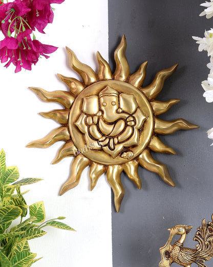 Brass Superfine Surya with Ganesha Wall Hanging – Handcrafted Divine Sun Wall Décor 11 inch - Budhshiv.com