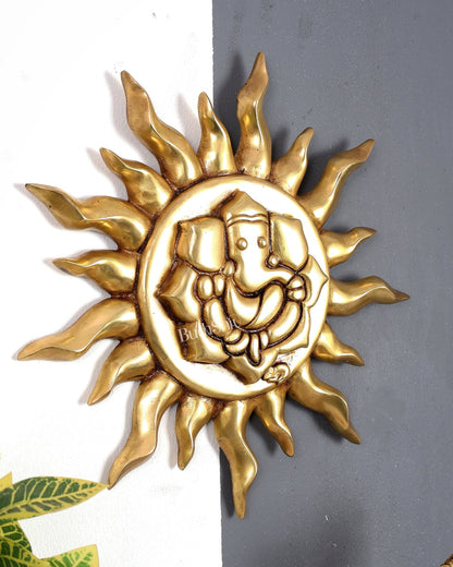 Brass Superfine Surya with Ganesha Wall Hanging – Handcrafted Divine Sun Wall Décor 11 inch - Budhshiv.com
