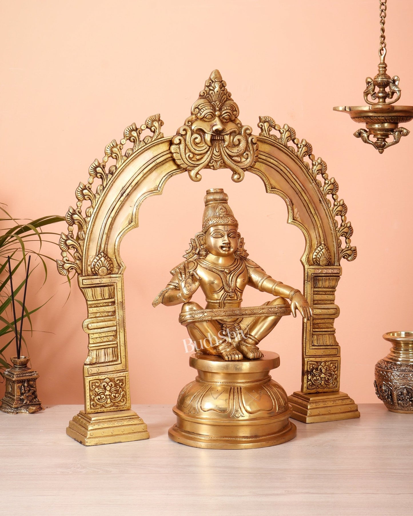 Brass Superfine Swamiye Saravana Ayyappa Statue with Prabhavali Arch 21.5 inch - Budhshiv.com